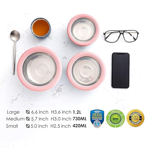 Miniatura 5 de Lille Home Lonchera Bento de acero inoxidable de alta calidad con exterior antideslizante, juego de 3, 14.2 fl oz, 24.7 fl oz, 1.2 L, a prueba de