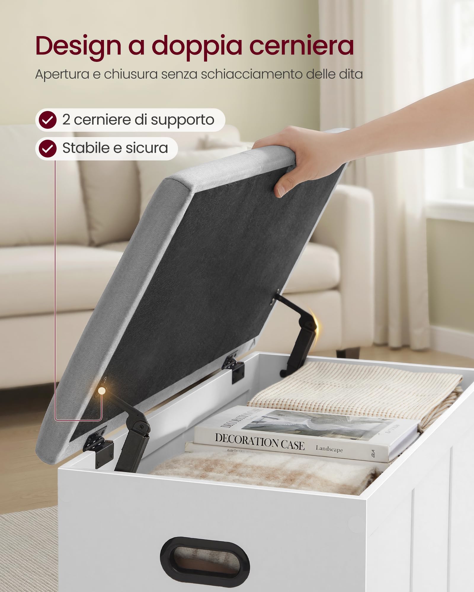 VASAGLE Cassapanca con Coperchio, 2 Cerniere di Sicurezza, Panchina Portascarpe, Stile Rustico, per Ingresso, Camera da Letto, Soggiorno, 41 x 81 x 49 cm, Bianco Opaco e Grigio Tortora LSB067W101