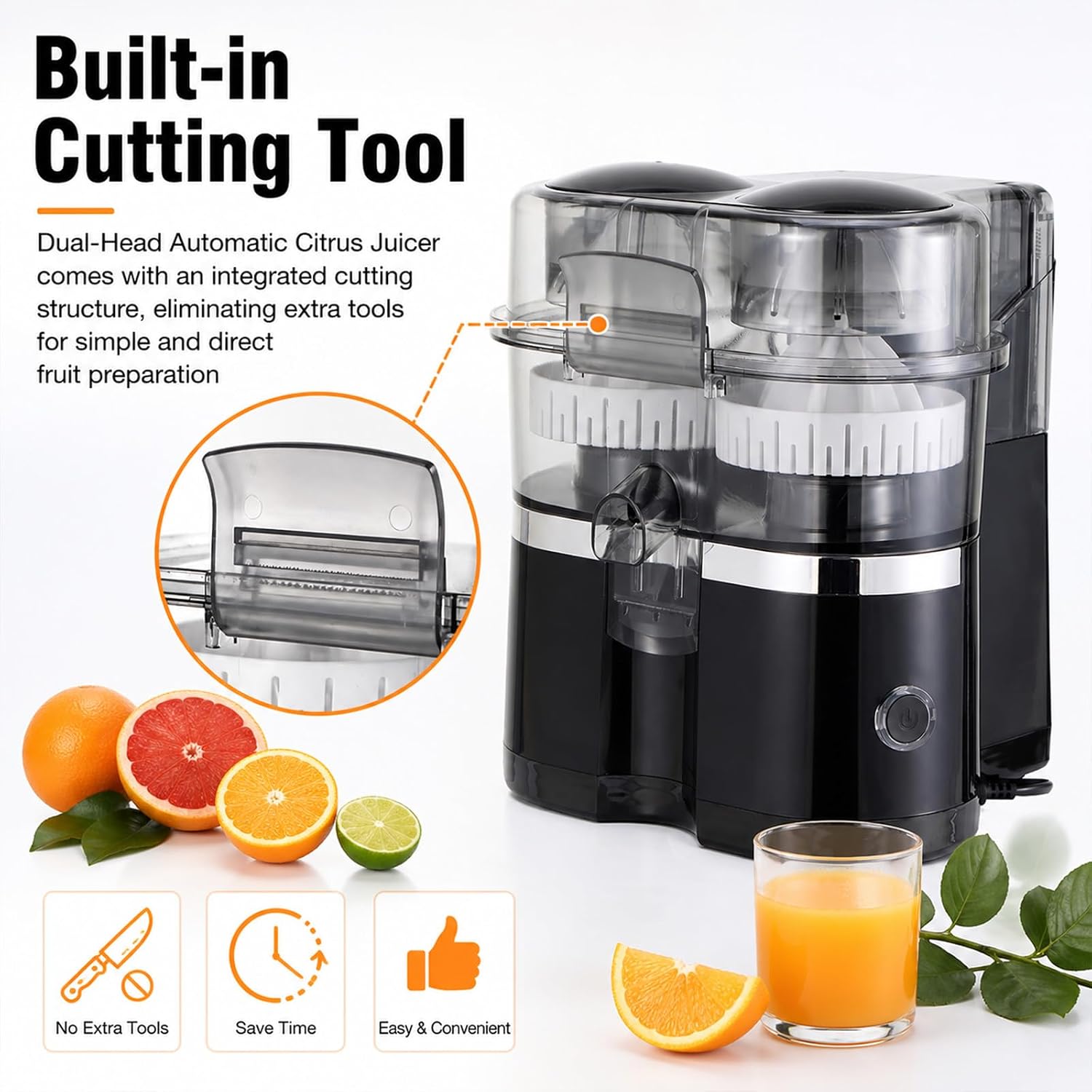 Dual-Head Automatic Citrus Juicer with Cleaning Brush — Dual-Head Electric Citrus Juicer, Detachable for Easy Cleaning, One-Touch Juicing, and 2-Speed Control for Kitchen Drinks (Black)