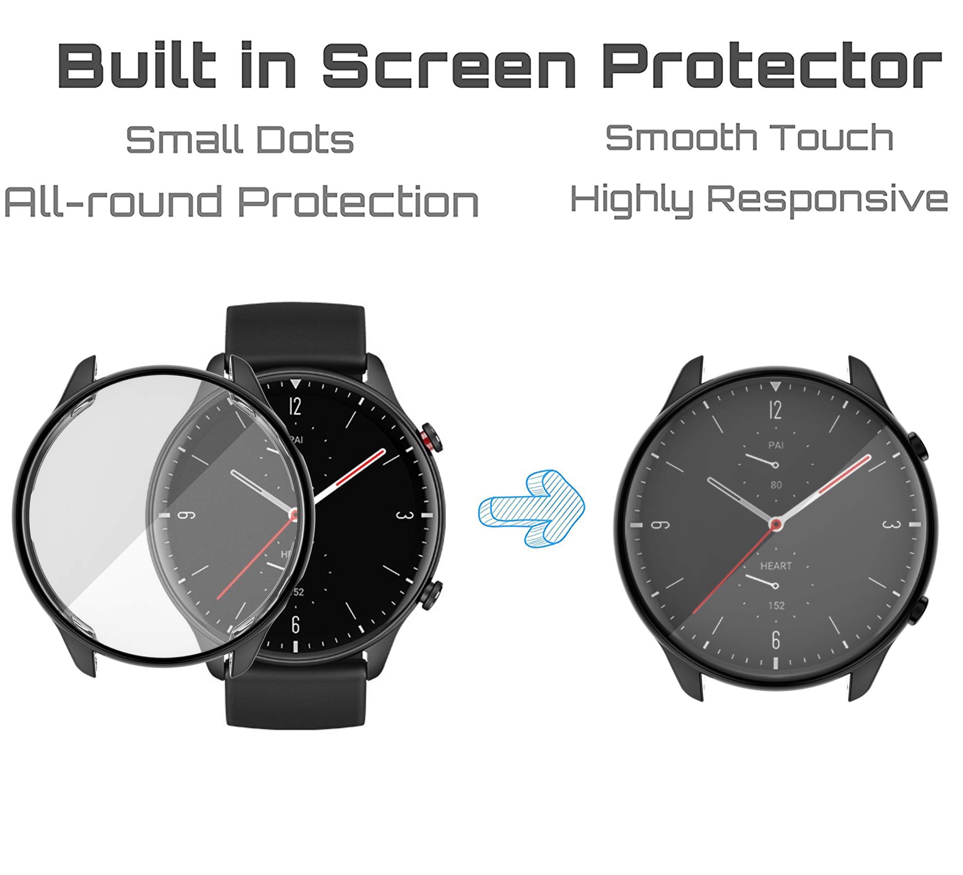 Ivoler 3 Pièces Dur PC Coque Avec Protection écran En Verre Trempé Pour Amazfit GTS 2 Mini, Couverture Complète Étui De Protection Anti-Rayures Bumper Housse (2 Transparent 1 Noir