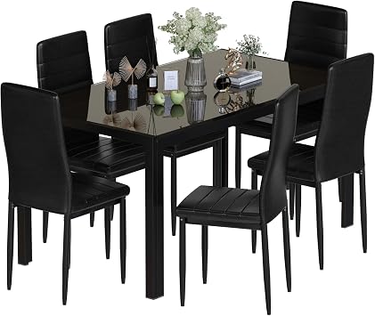 Hooseng Dining Table Set for 6, Tempered Glass Kitchen Table with 6 PU Leather Chairs, 7-Piece Dining Room Sets for Small Space, Dinette, Apartment