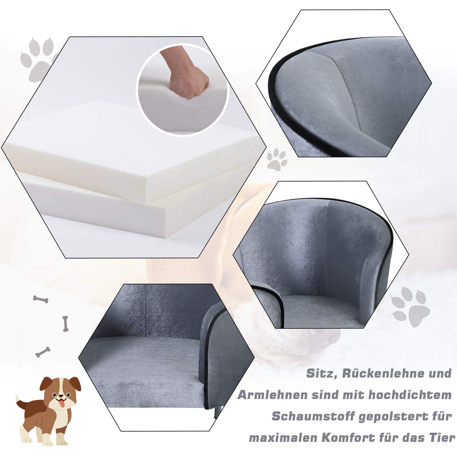 PawHut D04-016, divanetto di lusso per cani e gatti, con cuscino, per riposare, colore grigio.