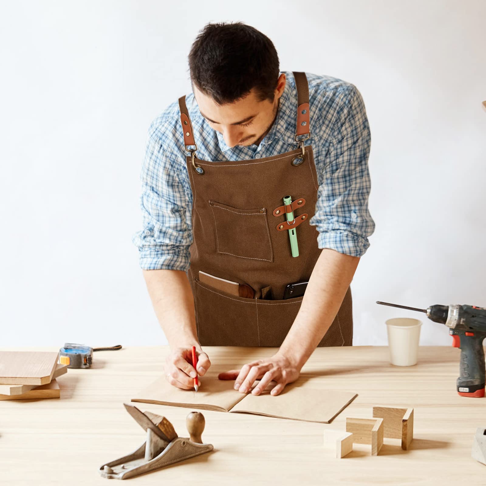 Chef Apron for Men Women, Cotton Canvas Cross Back Apron Water Resistant Adjustable Work Aprons with Pockets for Restaurant Coffee House Home Kitchen Gardening Brown - Image 3