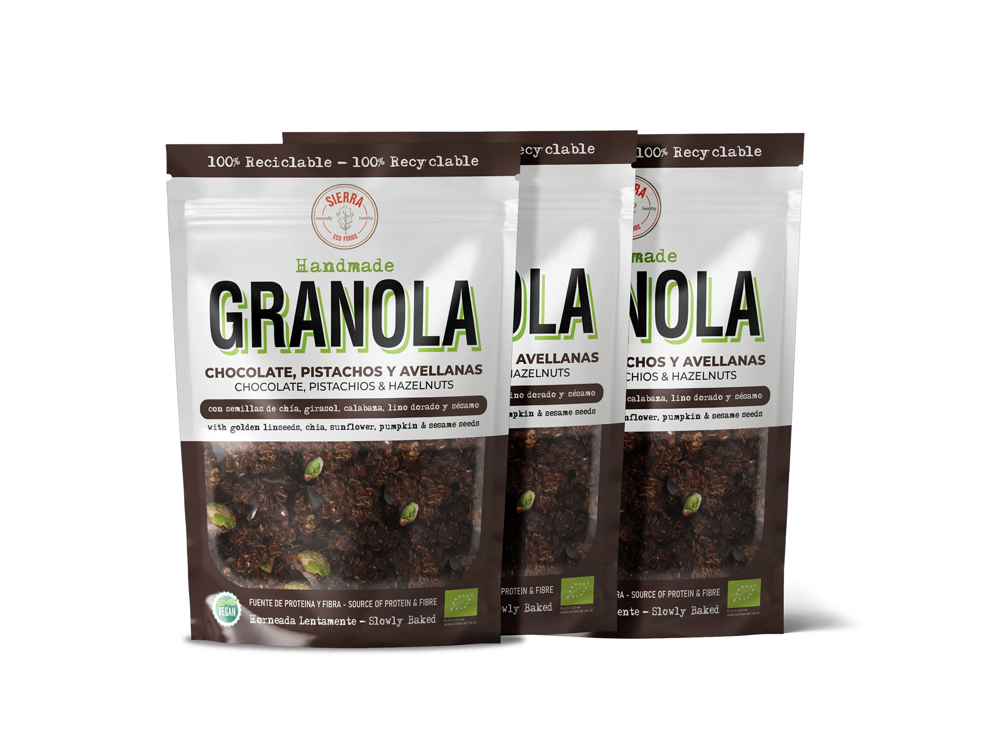 Granola Ecológica y Artesana con Chocolate Negro, Pistachos y Avellanas, Sirope de Ágave y Aceite de Oliva Virgen Extra, Semillas, Avena Integral de Copo Entero (Pack: 3 x 300g) Total 900g