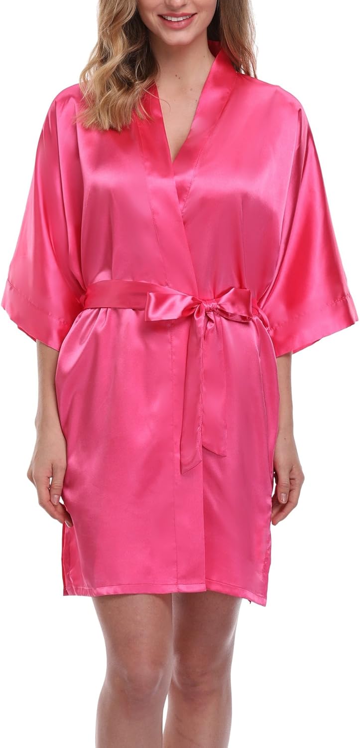 Women's Pure Color Satin Kimono Robe Short Bridesmaids Robe Dressing Gown - Image 5