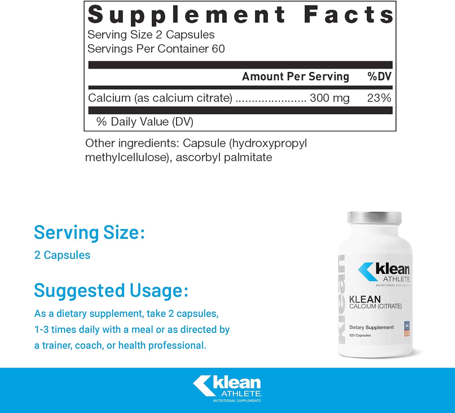 Klean ATHLETE Klean Calcium Citrate - for Bone Health & Density - Bone Support for Sports* - Gluten Free, Vegan & Non-GMO - 120 Capsules