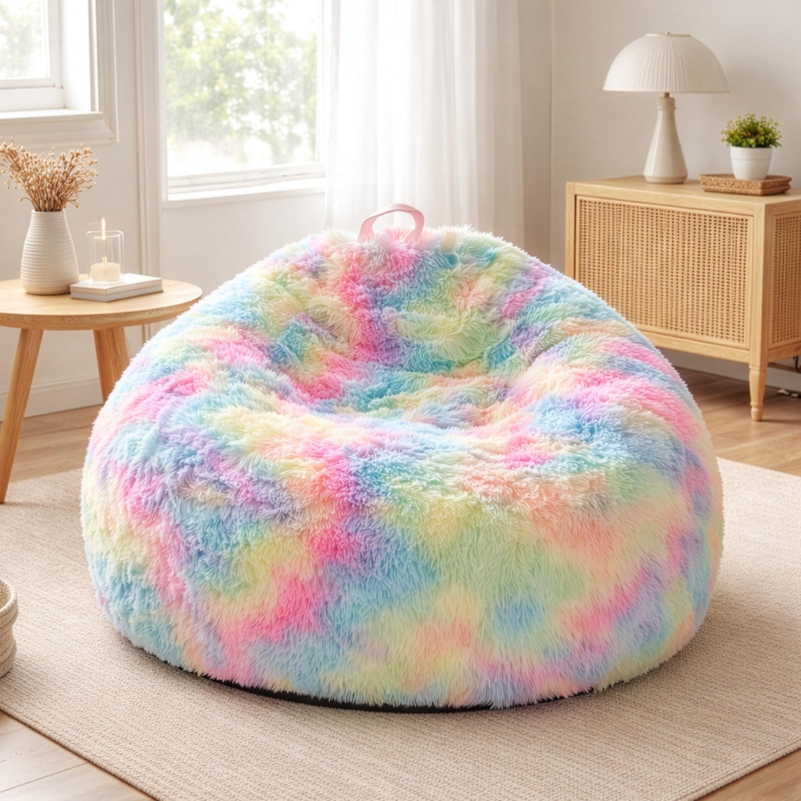 GreenWhim Fluffy Stuffed Animal Storage Bean Bag Chair Cover No Filler Faux Fur Washable Ultra Soft Beanbag for Plush Toys Textile Plush Shaggy Large Bean Bag for Adults Kids Teens (Rainbow,No Filler)