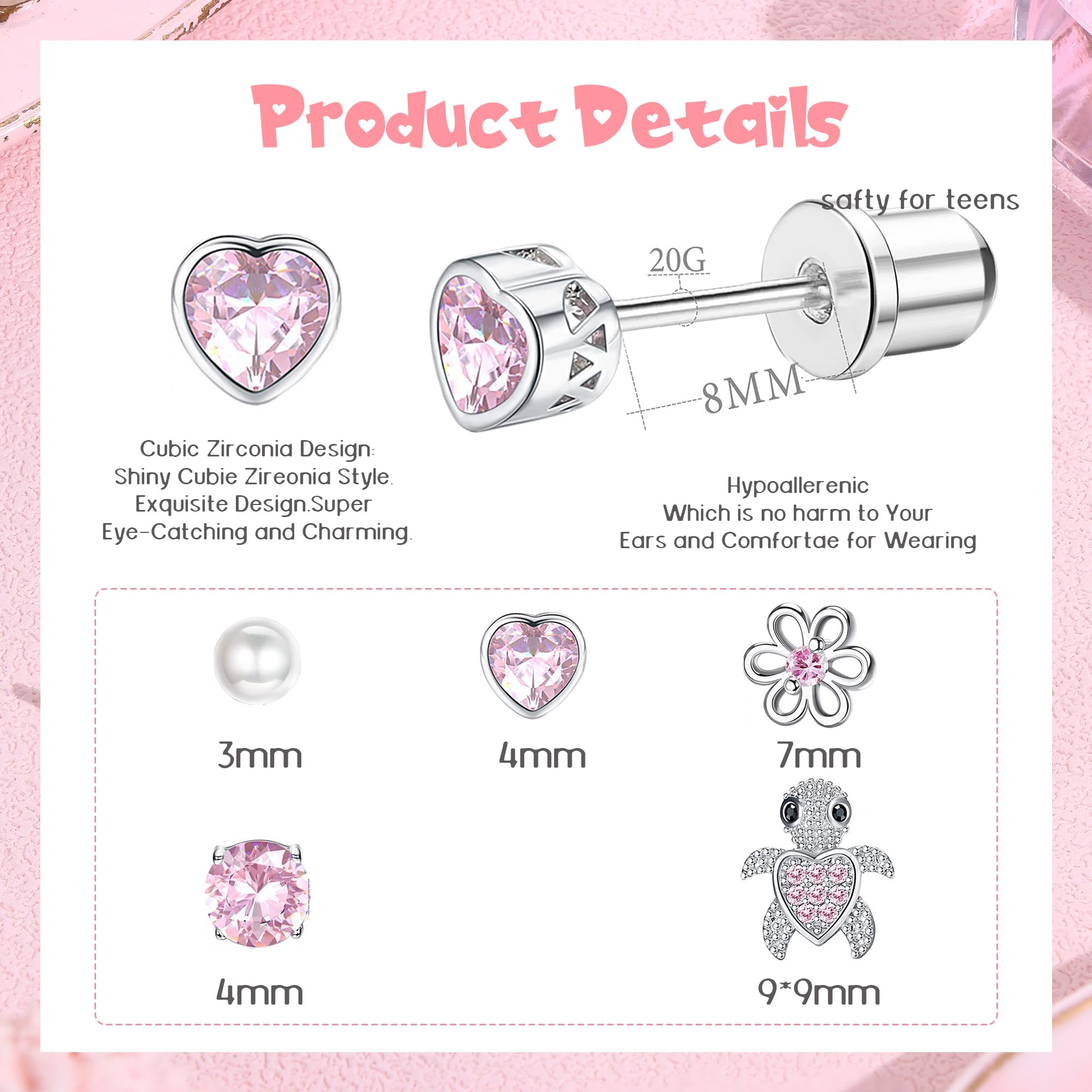 MILACOLATO 6Paires Boucles d'Oreilles Enfant Fille Femme Acier Inoxydable, Hypoallergéniques CZ Cartilage Clou Oreille Lot, Rose Zirconium Boule Coeur Fleur Vissé Dos Tragus Boucle d'Oreille Bijoux