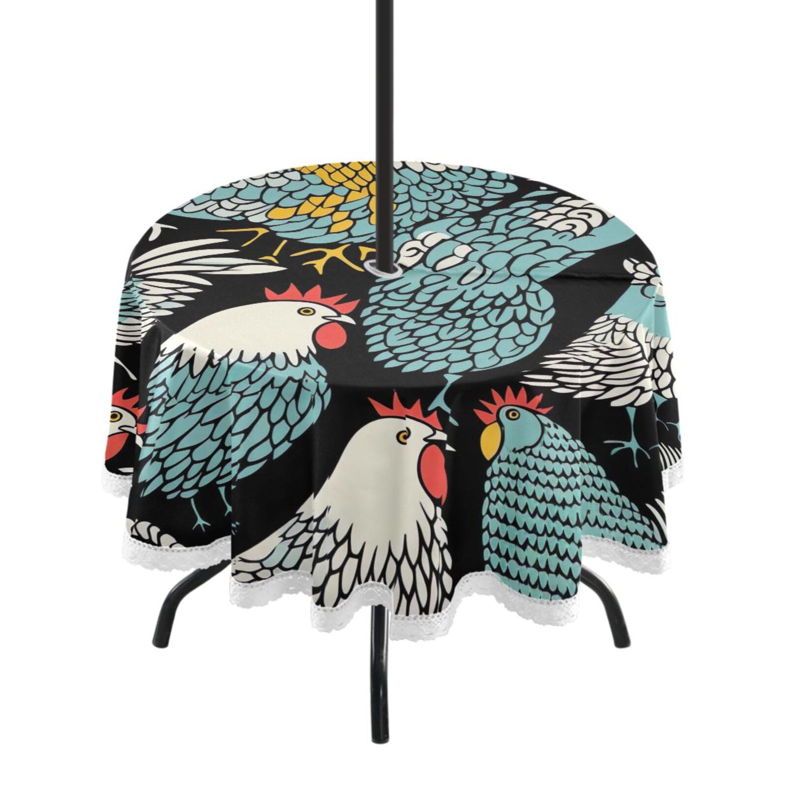 Wajiw 60 Inch Indoor Outdoor Round Tablecloth with Umbrella Hole and Zipper Waterproof Patio Table Cover for Camping Dining Room Party Outdoor Picnic,Chickens