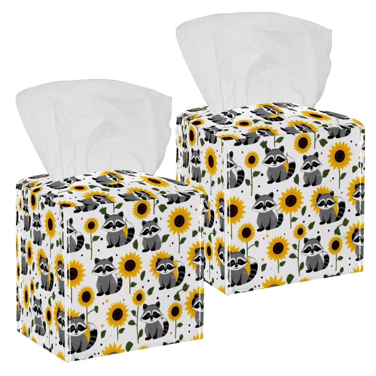 Raccoon Sunflower Tissue Box Cover, 2 Pack PU Leather Square Facial Tissue Dispenser Box holder for Home Office Car