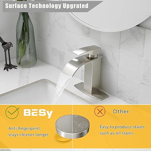 Miniatura 3 de BESy grifo de baño de cascada de níquel cepillado, de una sola llave alta, grifo de lavabo de baño con placa de cubierta, latón macizoníquel