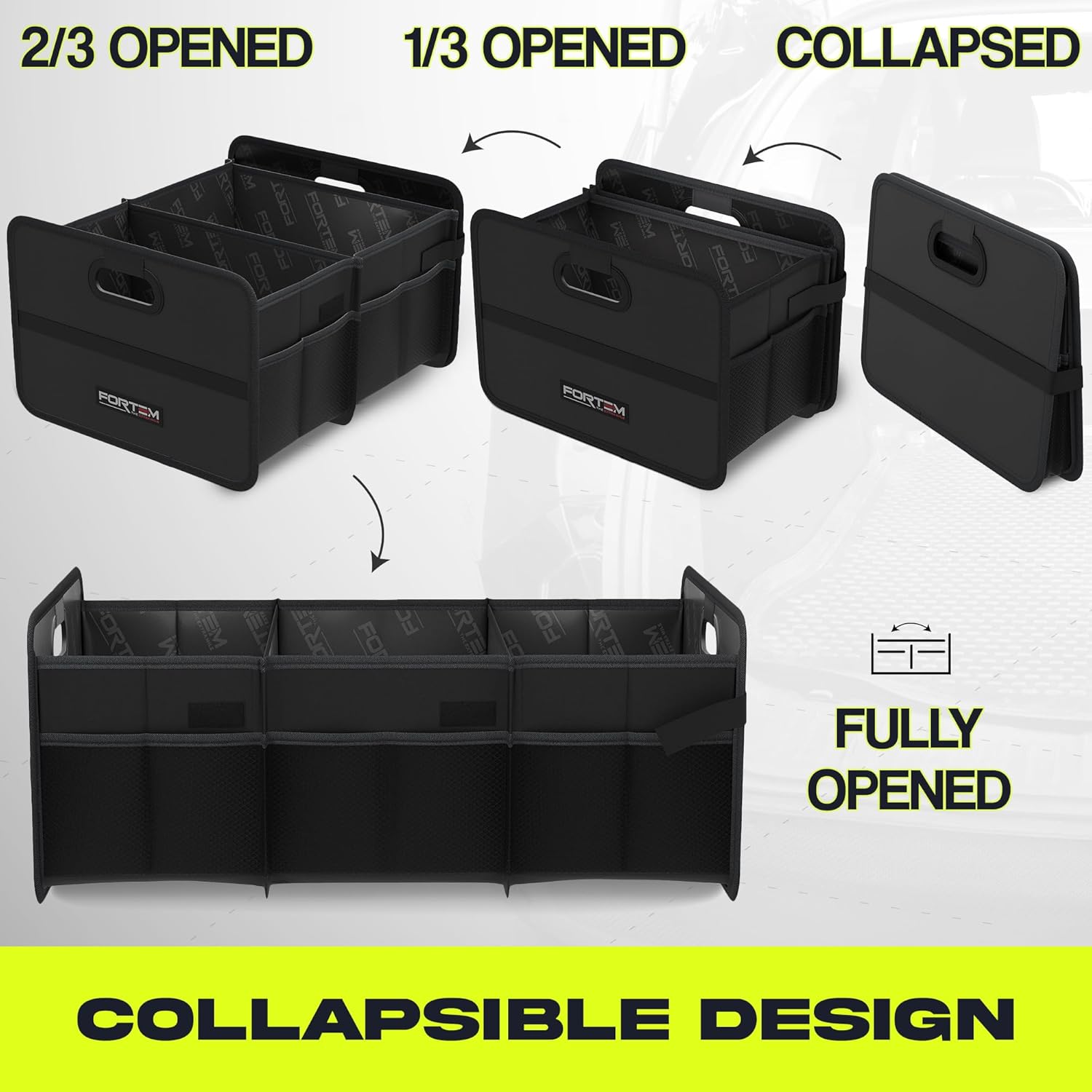 FORTEM Car Trunk Organizer, Collapsible Two Compartment Organizer, Foldable SUV & Truck Storage for Car Accessories for Women Men, Non Slip Bottom, Sturdy Side Walls, Strong Handles, 75L
