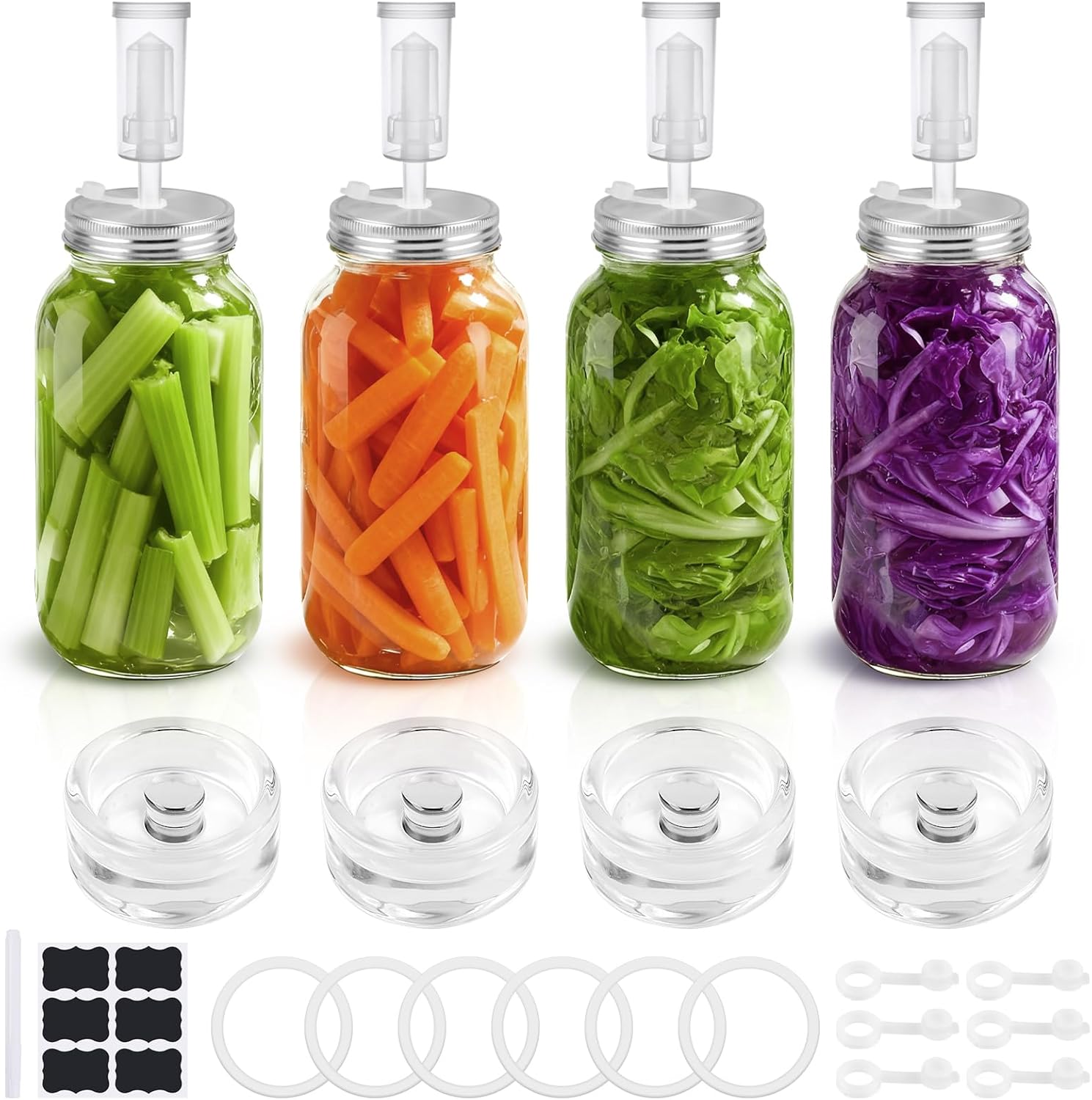 Fermentation Kit for Wide Mouth Mason Jars, 4 Easy-Lift Glass Weights, 4 Stainless Steel Fermentation Lids with Airlocks, 6 Silicone Rings and 6 Silicone Stoppers (Jars Not Included)