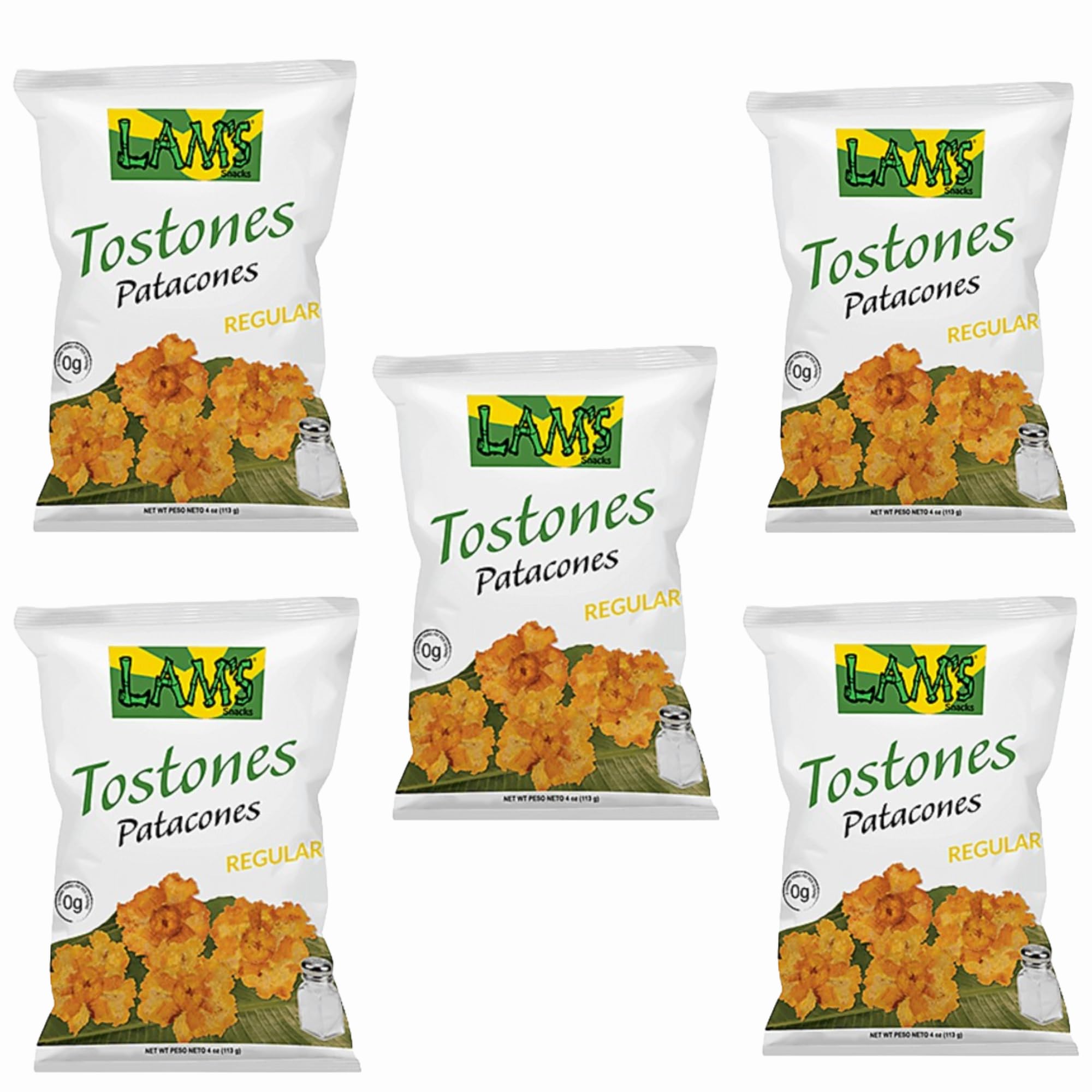 Lam's Tostones Salted, No Trans Fat, Gluten Free, 5 x 4 oz, Smashed Plantain Chunks, Thin and Crispy, Only Three Ingredients Tostones (Pack of 5,