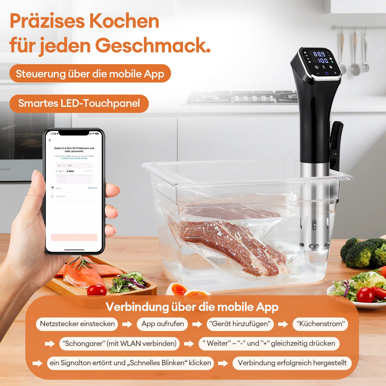 1100W Smart Sous-Vide-Garer mit WLAN-App, Umwälzthermostat ±0,1°C, 4D-Heizsystem, Temperaturbereich 25–95°C, Edelstahl-Schongarer für die heimische Küche