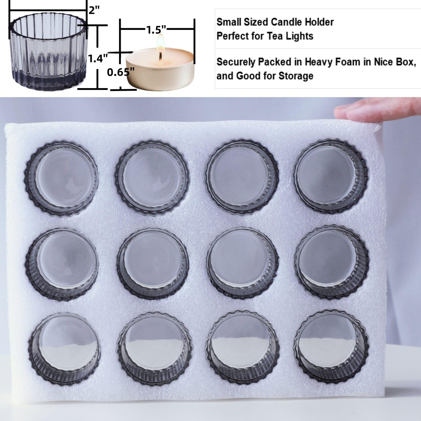 VOHO Lot de 12 photophores classiques gris pour décoration d'intérieur moderne, en verre côtelé, cadeaux pour Thanksgiving, vacances, petits bougeoirs votifs pour fête d'anniversaire
