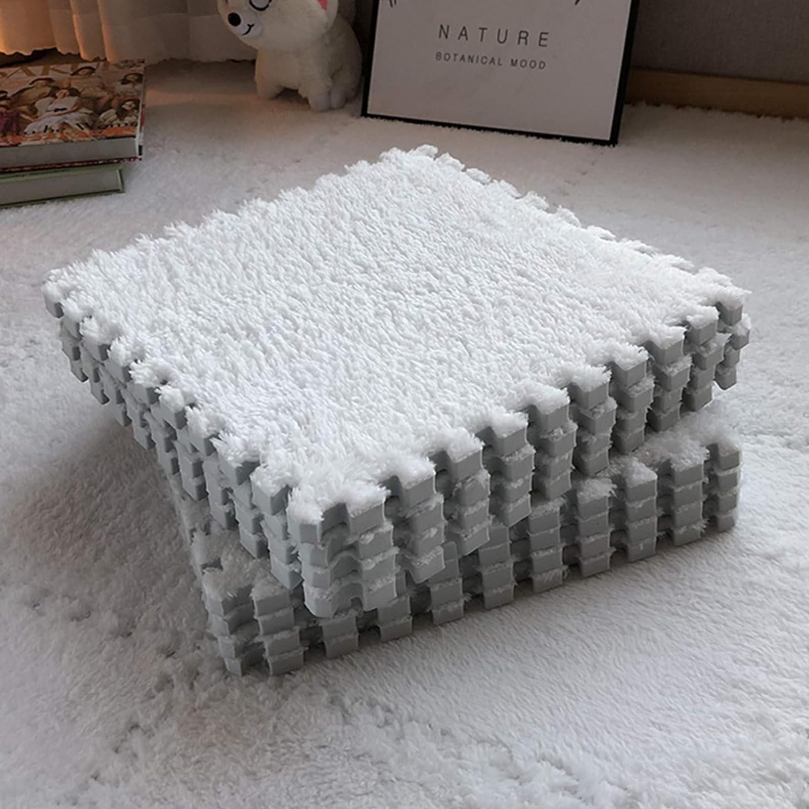 VUCATIN 12PCS Plush Foam Floor Mat for Baby Kids, Thickened Interlocking Play Mat Carpet Tiles with Padding for Toddler Baby, Square Soft Fluffy Tiles for Home Playroom Decoration (white)