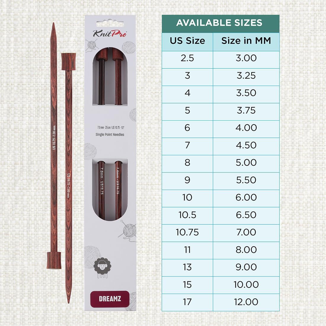 KnitPro Dreamz Single Pointed Needles 10" (25cm) | US Size 10.75 (7mm)