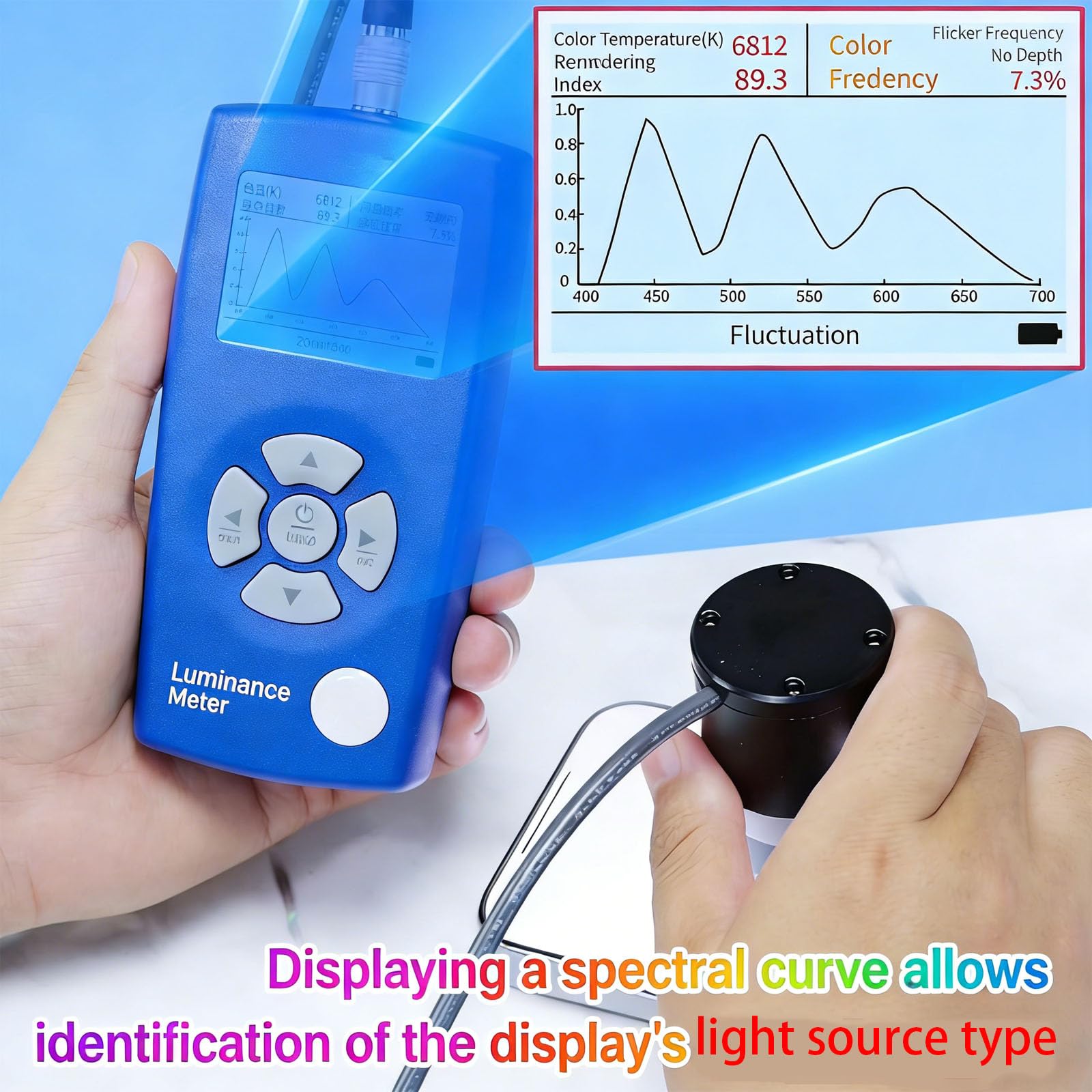 Analizador de brillo de pantalla, herramienta de medición de luz con sondas dobles para detección de parpadeo, temperatura de color y pruebas de CRI, ideal para calibración de pantalla