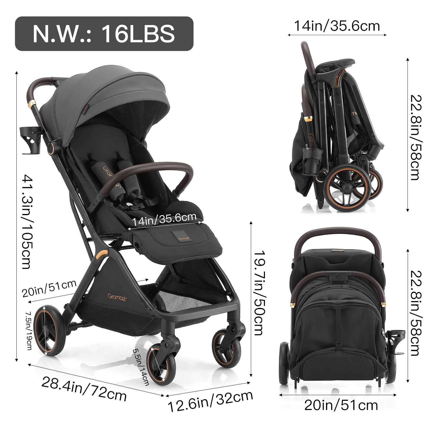 Gromast Cochecito de bebé plegable Gravity, cochecito de viaje portátil con respaldo ajustable y toldo, ligero y protegido contra los rayos UV, plegable automáticamente con una mano, Gris