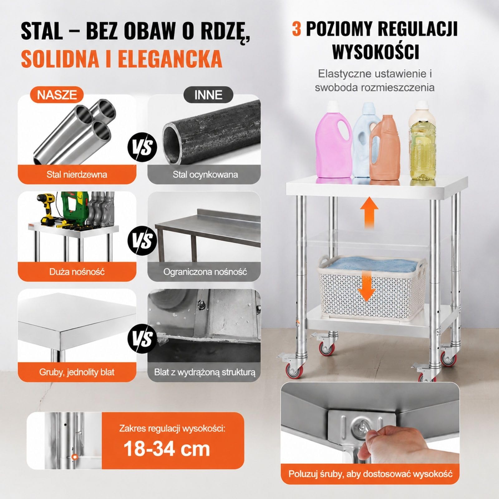 Stół roboczy ze stali nierdzewnej na 4 kółkach z regulowaną dolną półką do kuchni i warsztatu