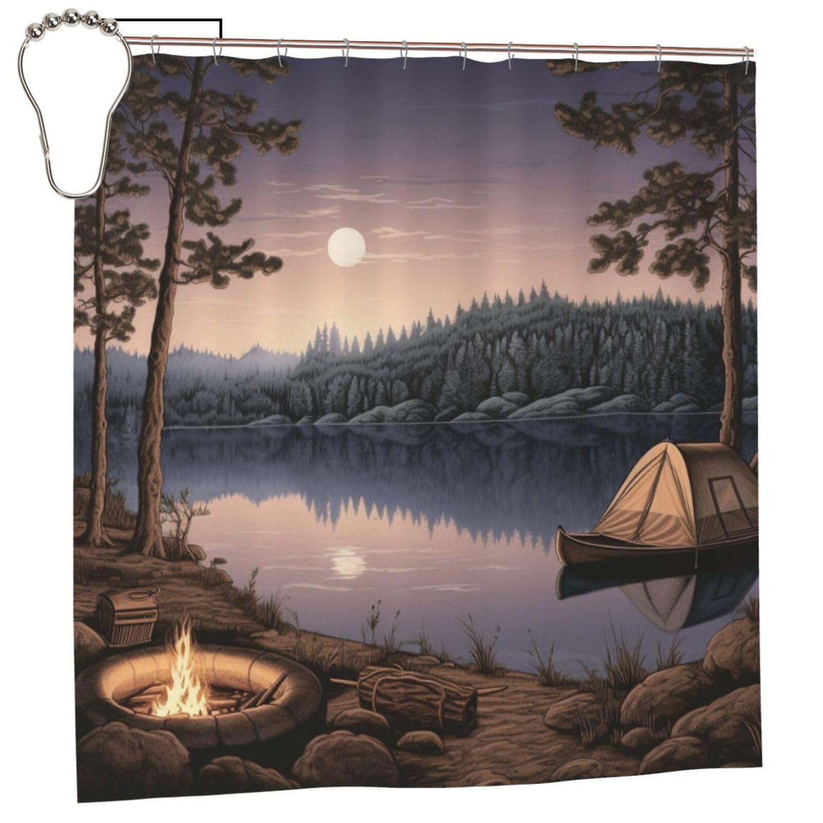 BWWHCCTI Lake Camping Printed Shower Curtain With 12 Iron Hooks Opaque Quick Drying Waterproof Shower Curtains Sets For Bathroom 183x183 CM