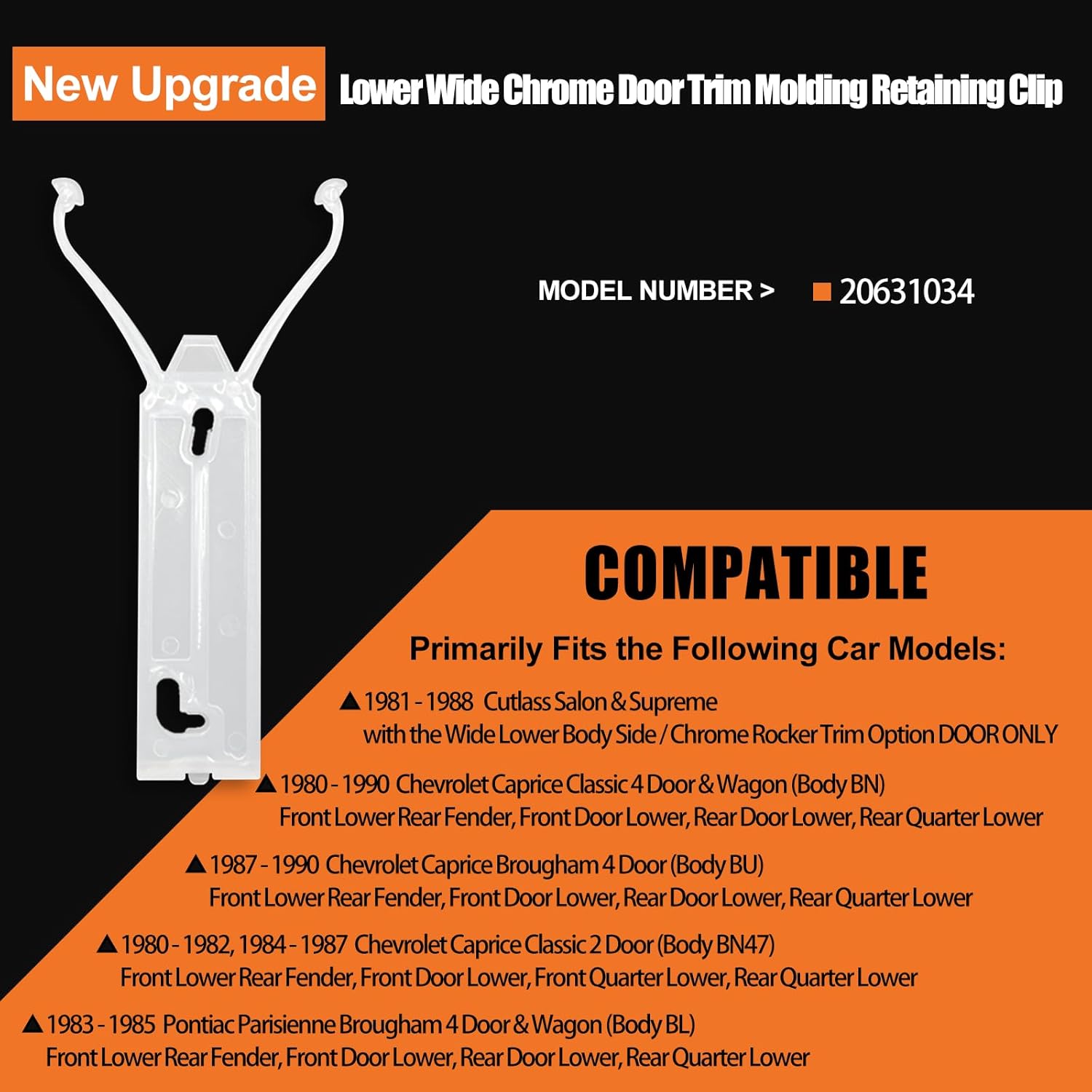 Retaining Clip Part#20631034 Lower Wide Chrome Door Trim Molding Retaining Clip Install Set Replace 20151449 for 1980-1990 Chevrolet Caprice, 1981-1988 Cutlass, & 1983-1985 Pontiac Parisienne (10)