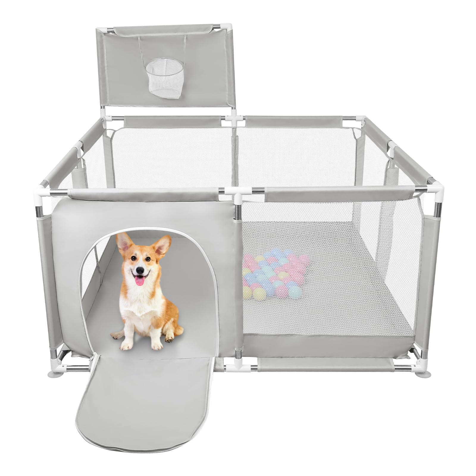 Parc à chiots gris clair 126x126x66cm avec porte et clôture solide lavable