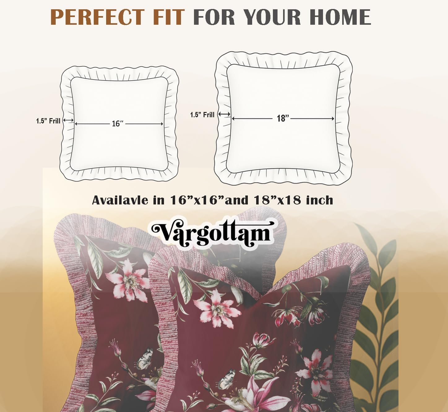 16x16 Cotton Cushion Covers Set of 2 - Double-Sided Printed Frill Pillow Covers with Zipper, Floral Print, Farmhouse Style, 100% Cotton Twill, No Filler