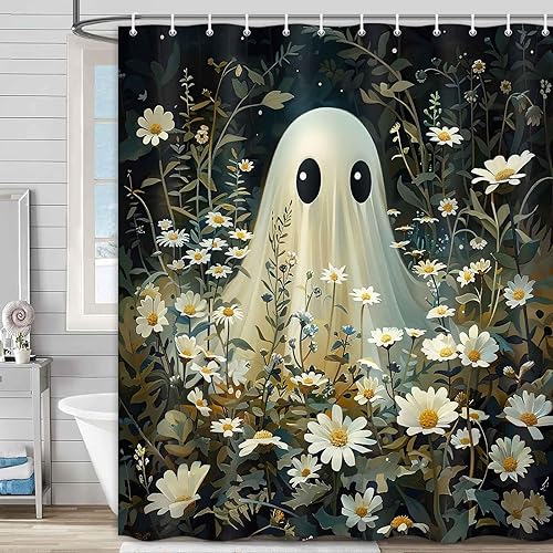 Cortina de ducha de Halloween, cortina de baño espeluznante, fantasma, linda y divertida, juego de decoración de baño con ganchos, 72 x 72 pulgadas