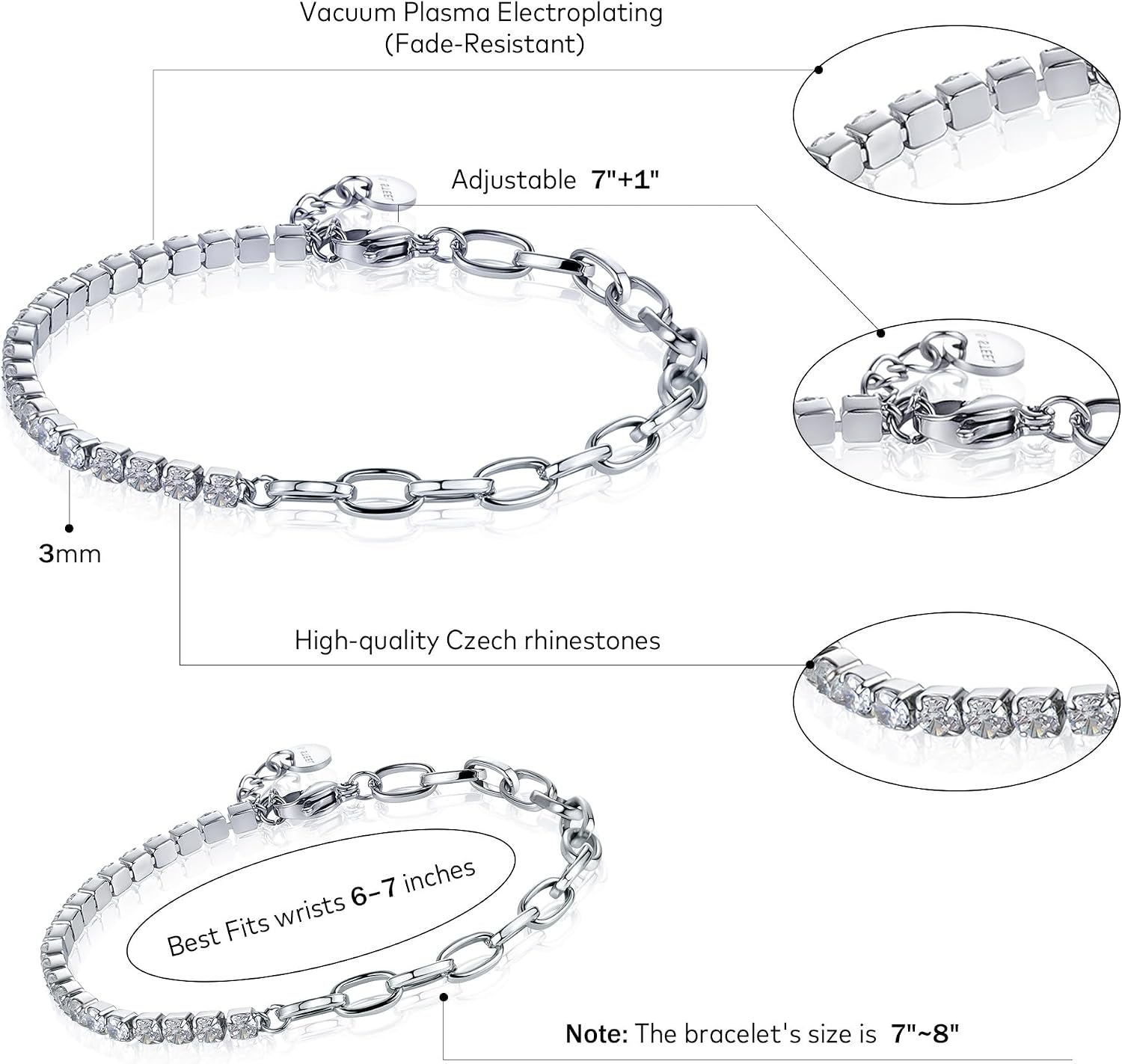Tennis Bracelets for Women, Adjustable 3mm Czech Crystal Non Tarnish Stainless Steel Bracelet with Jewelry Box for Daily Wear, Parties or Anniversary