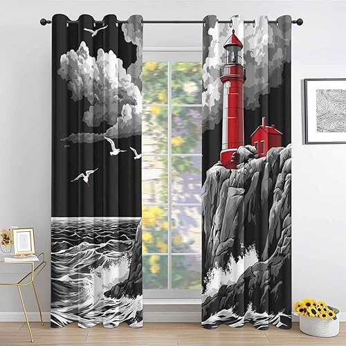 Miniatura 2 de Cortinas de faro costero de 54 pulgadas de largo, 2 paneles, cortinas opacas con ondas de vela para decoración de dormitorio, sala de estar,