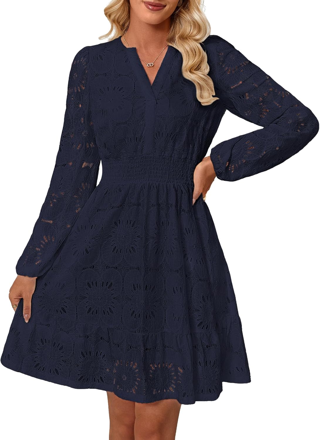 Women's Long Puff Sleeve Floral Mini Dress Spring V Neck Hollow Out Eyelet Lace Embroidery Ruffle A Line Swing Short Dresses