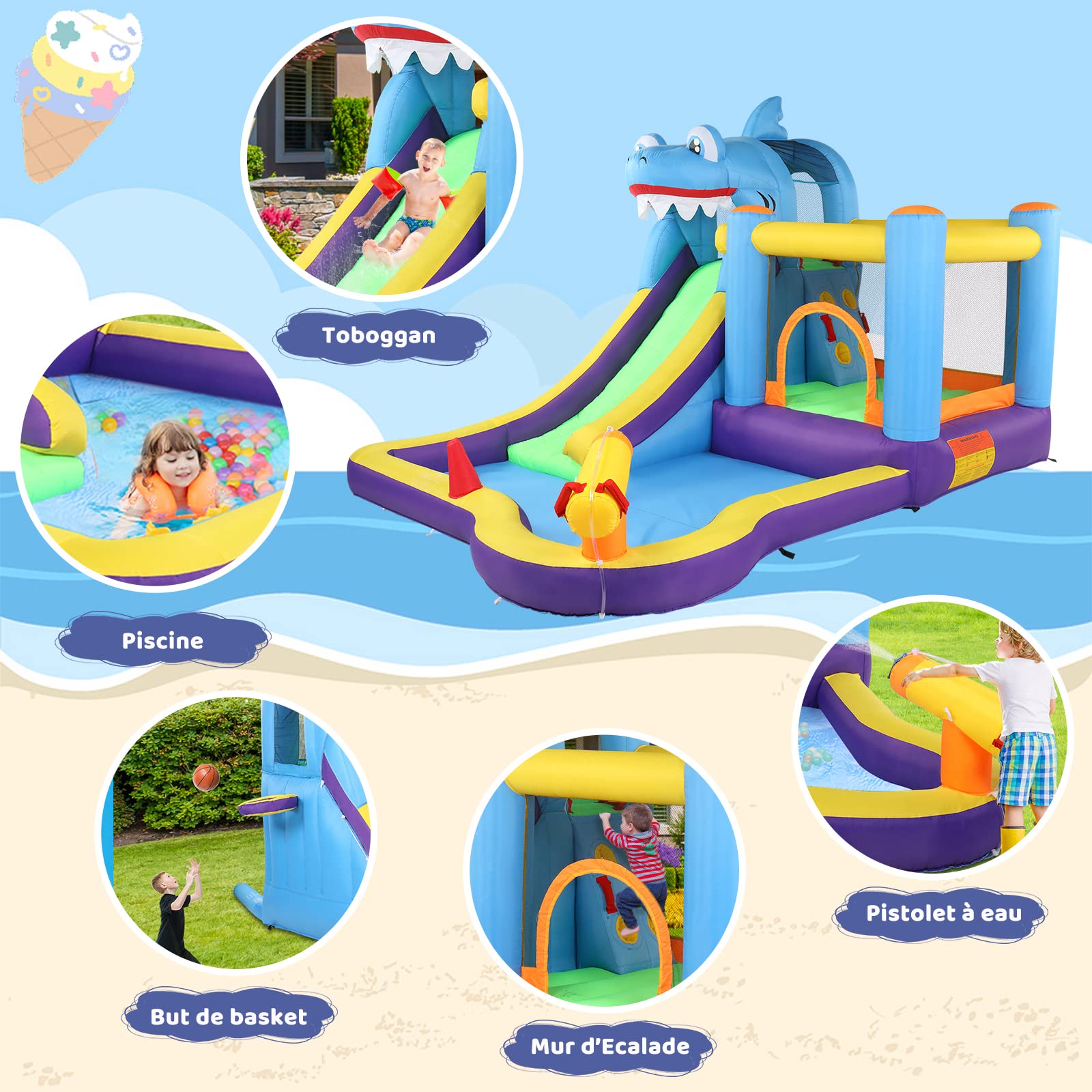 LEADZM Hüpfburg mit Gebläse, Aufblasbare Wasserpark mit Hai-Thema, mit Trampolin, Rutsche, Schwimmbecken, Wasserpistole, Geeignet für 3 Kinder im Alter von 3 bis 10 Jahren, 380x260x240 cm