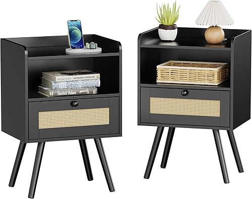 SUPERJARE Juego de 2 mesitas de noche, mesitas de noche con cajones de ratán de polietileno, mesa auxiliar de ratán con almacenamiento y pies de