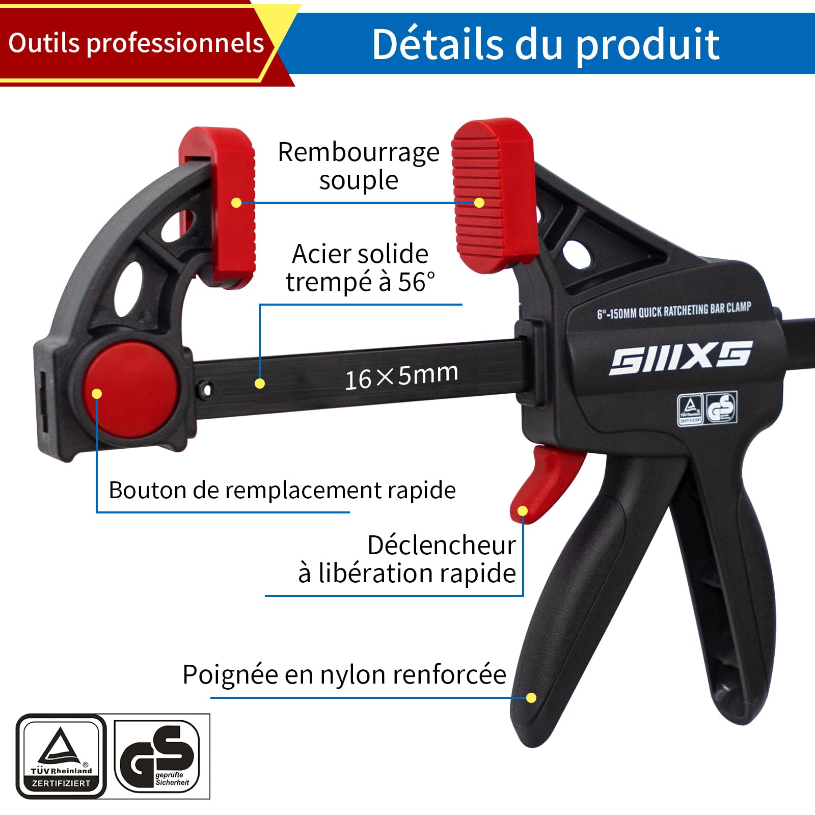 Lot de 8 serre-joints à une main Force de serrage 80 kg Envergure 152mm 4 classiques et 304mm 4 classiques serre-joints pour une fixation précise et le travail du bois avec certificat GS