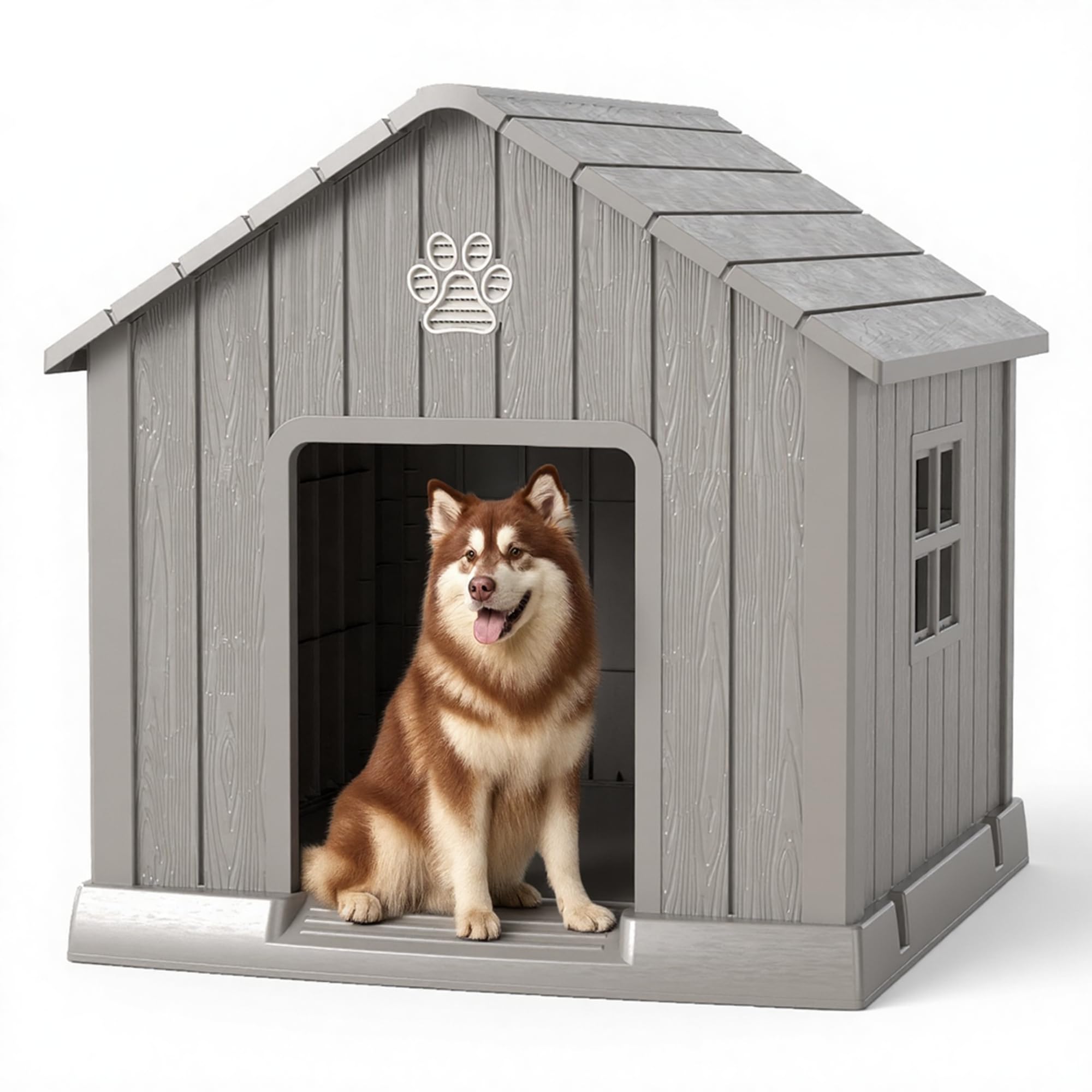 DRATO large light brown resin dog house with a sloped roof and window.