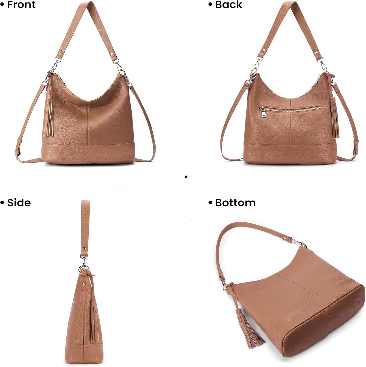 Genuine Leather Hobo Crossbody Bag for Women, Soft Real Leather Bucket, Shoulder Handbag Purse with 2 Removable Strap - Image 7