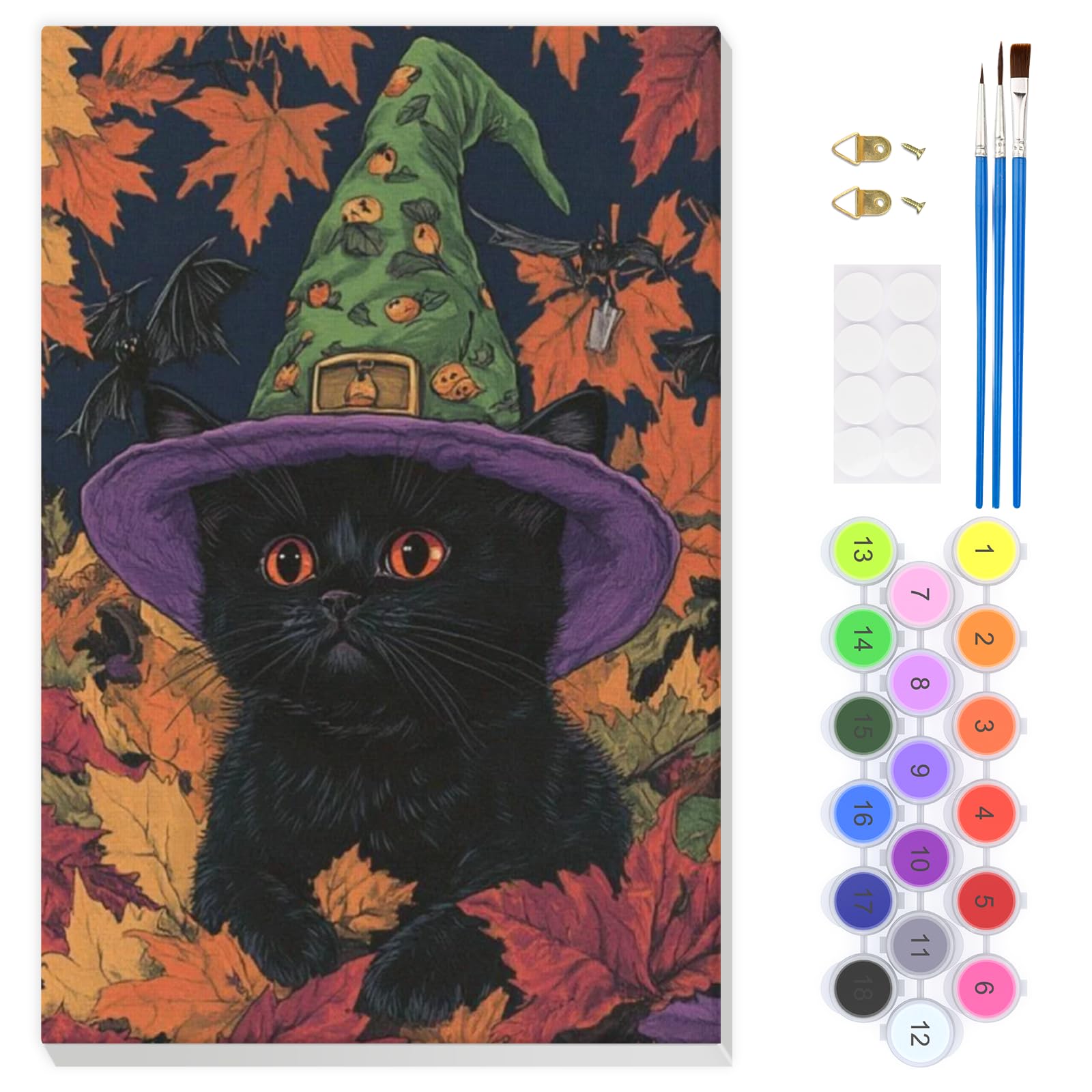 EOBROMD Wizard Cat Paint by Numbers for Adults with Frame, Maple Leaves Paint by Numbers Kits, Halloween DIY Color Oil Painting Acrylic Easy Painting by Numbers for Gift Home Wall Decor (8x12inch)