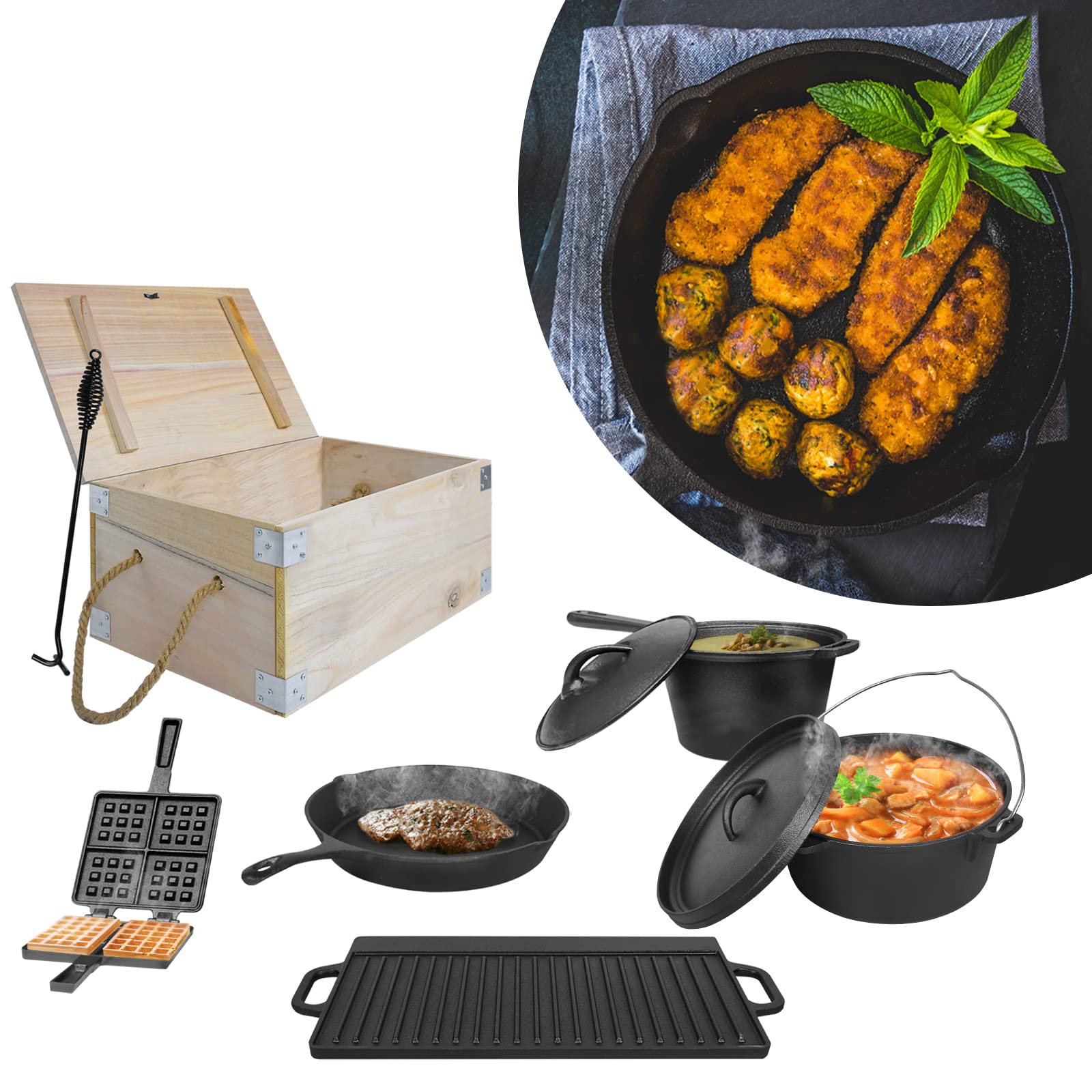 YRHome Dutch Oven Set de 11 pièces dans une boîte en bois avec four à néerlandais avec casserole en bois, casserole à gril, poêle à gaufres