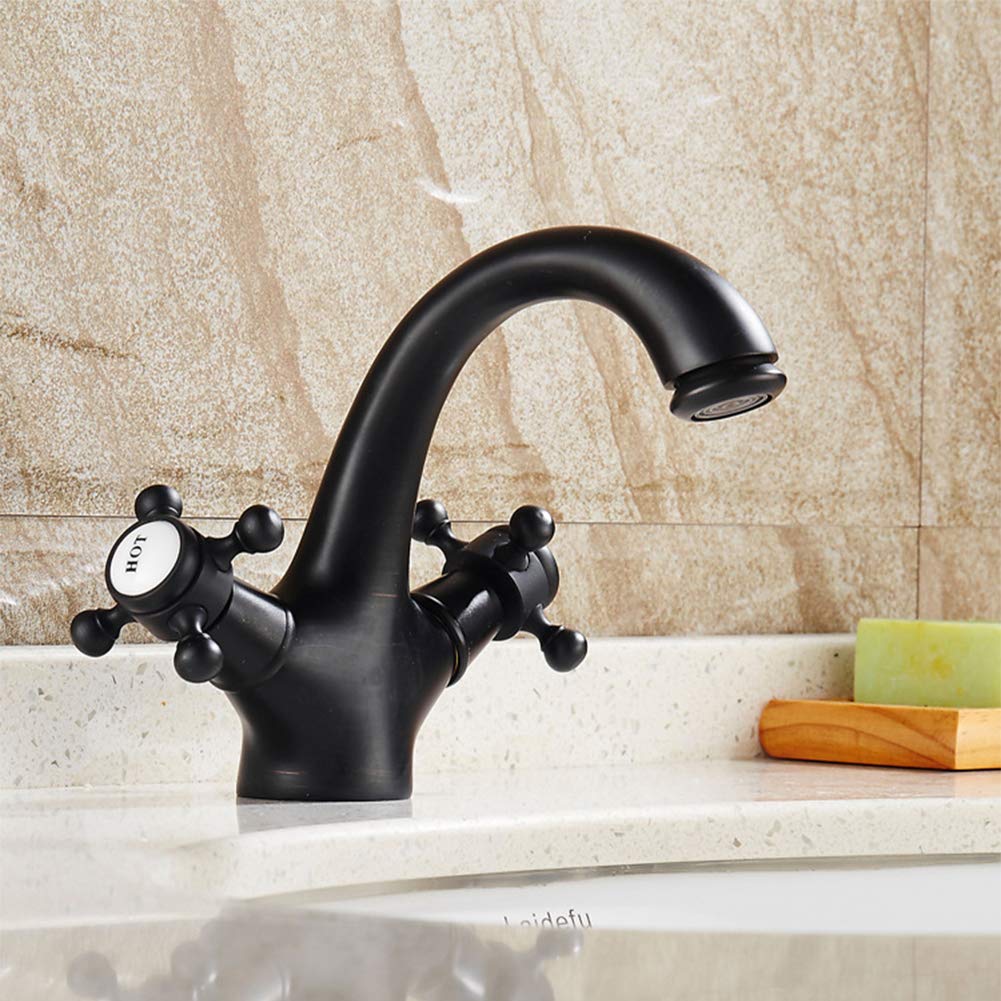 Gx Grifo De Baño Grifo De Lavabo, Mezclador De Agua Fría Y Caliente, Elegante Doble Asa Latón, Válvula De Cerámica, Estilo Antiguo, Negro Mate