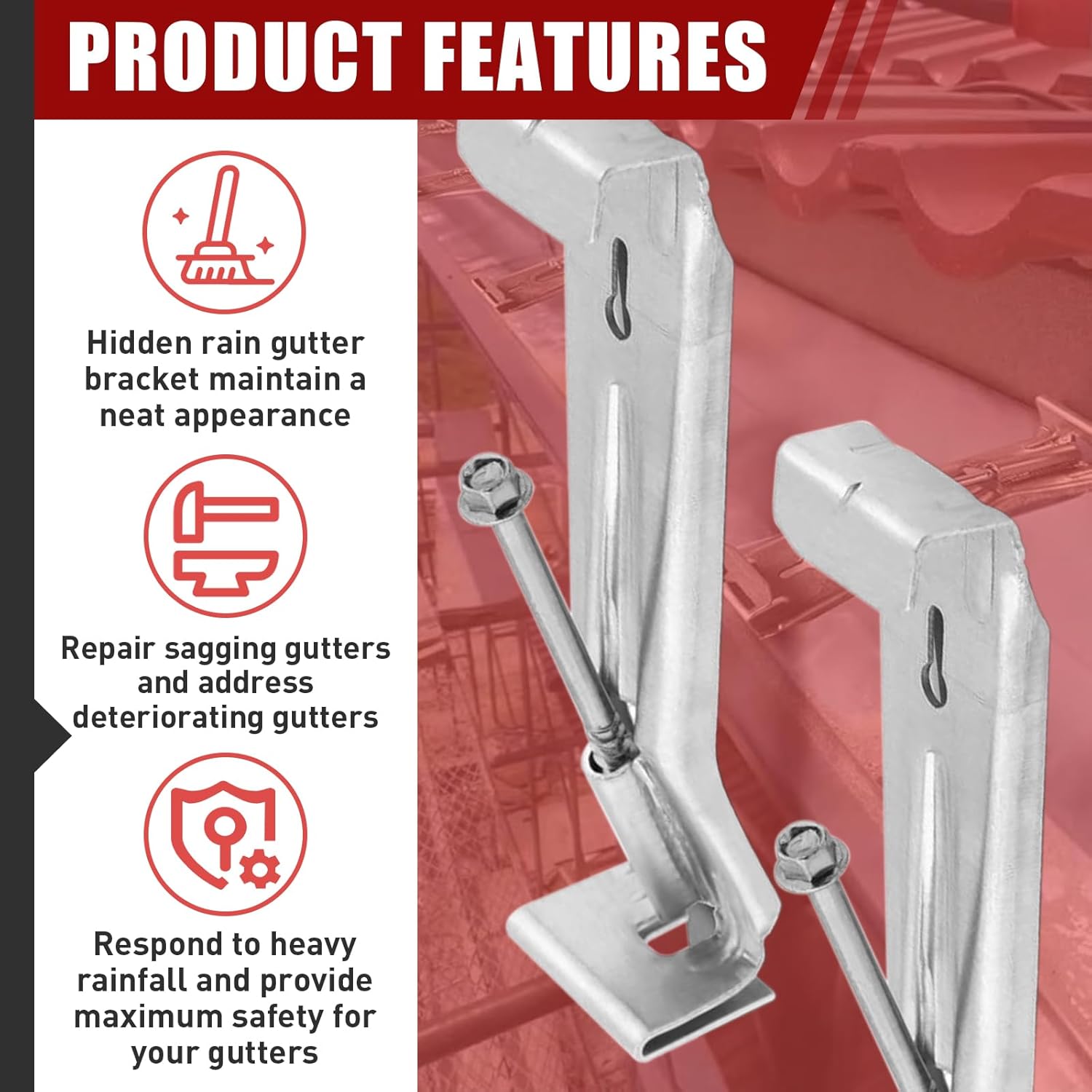 50-Pack Hidden Gutter Hangers 5 Inch K Style - Heavy Duty Rain Gutter Brackets and Screws, House Mounting Brackets Include 1/4" Hex Drill Bit