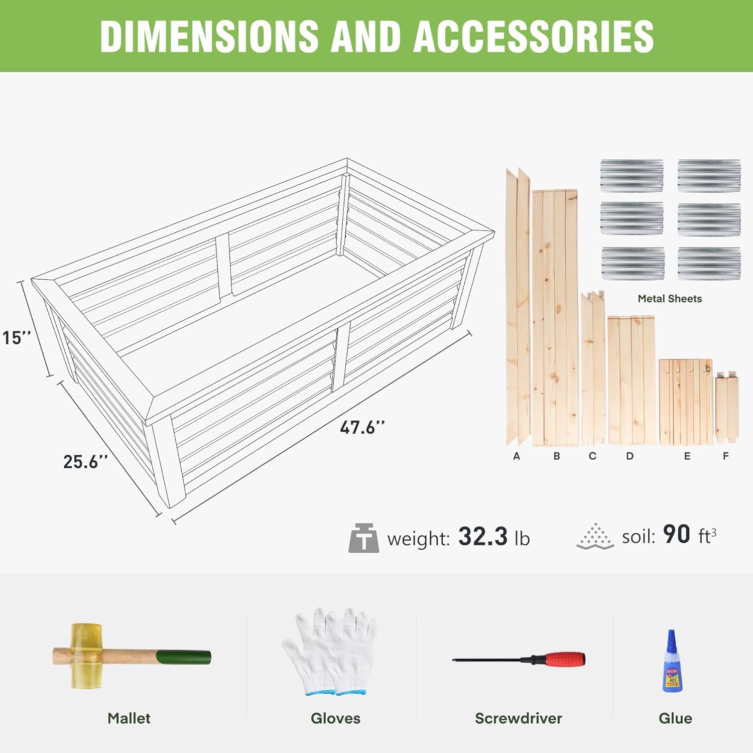 Wood Garden Raised Bed Outdoor Plant Box Planters for Outdoor Plants with Galvanized Metal for Herbs Vegetables Flowers Great Patio Deck Balcony 4X2FT