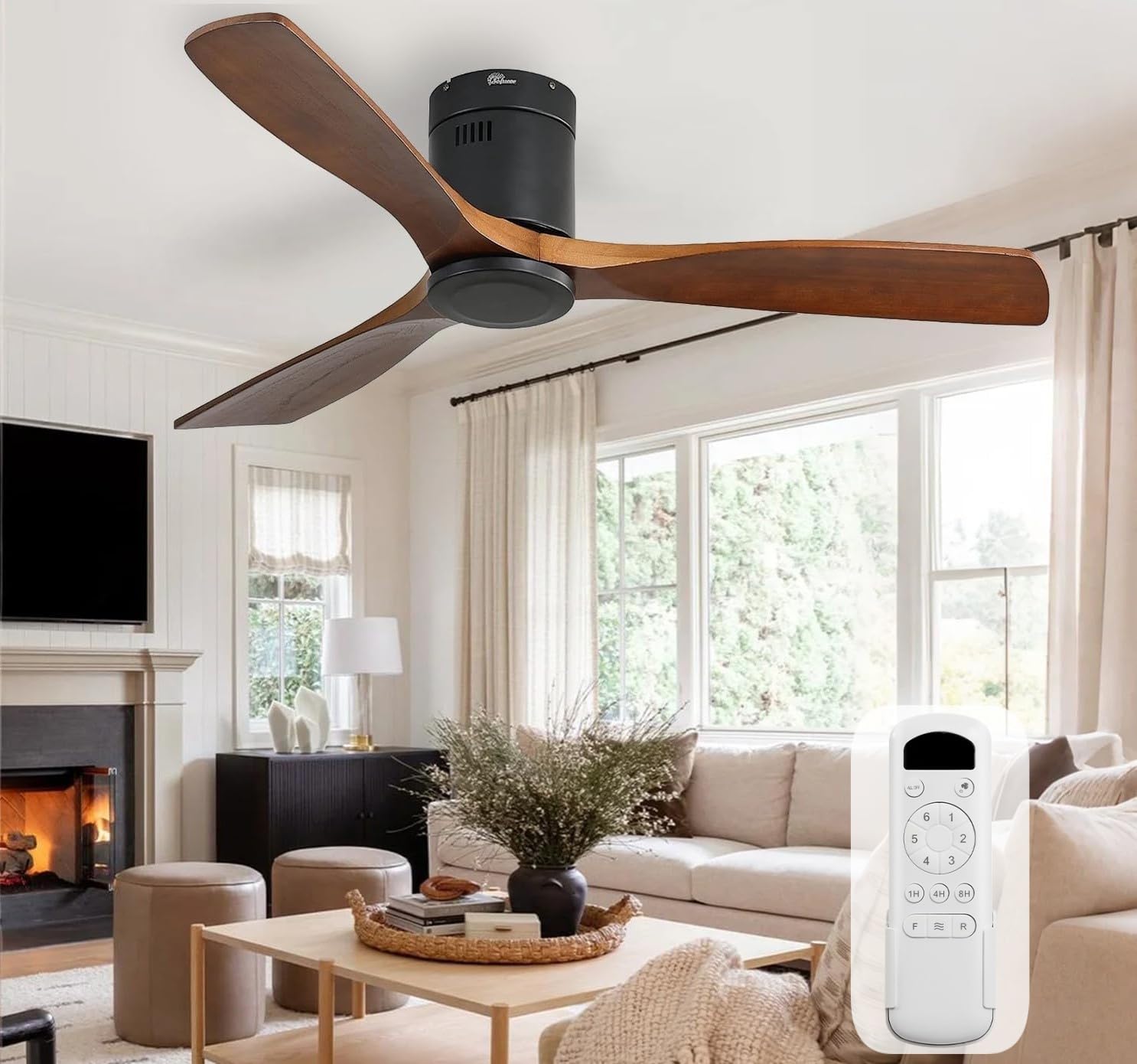 Sofucor 52 Inch Solid Wood Ceiling Fan Without Lights Flush Mount Ceiling Fan with Remote Control-Wood Blades Modern Outdoor Ceiling Fans No Light for Bedroom/Farmhouse/Patio/Indoor, Brown Black