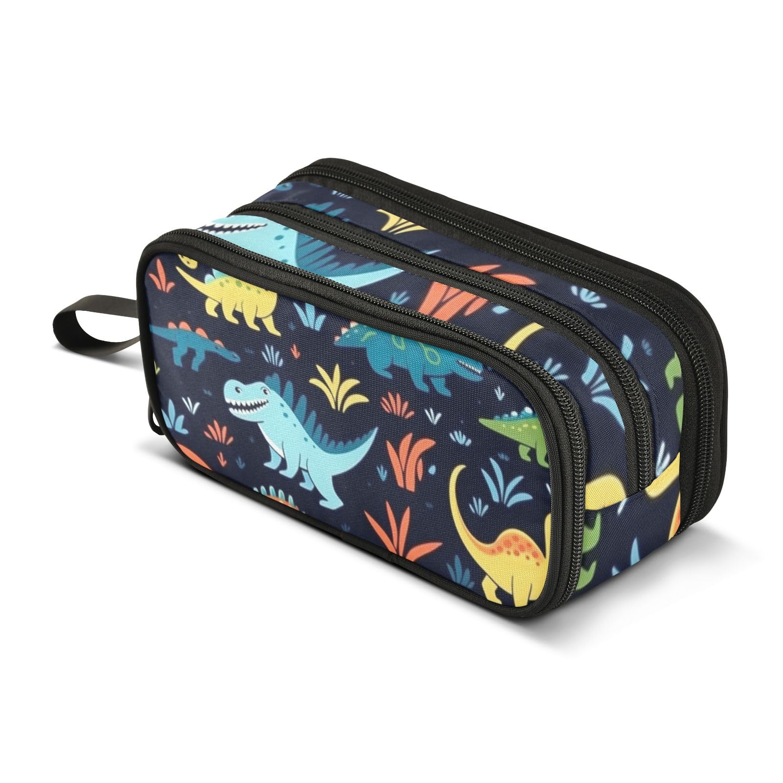 Estuche negro de dinosaurios de colores, estuche para bolígrafos de gran capacidad para niños y niñas, 3 compartimentos, organizador de papelería, estuche para escuela, oficina, trabajo, Dinosaurios