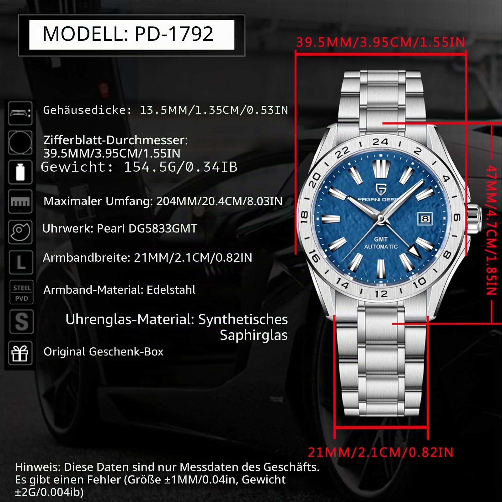 SUZAKU Pagani Design1792 Herren-Business-Armbanduhr, automatisch, Edelstahl, GMT, Saphirglas, 100 m wasserdicht, Kalender