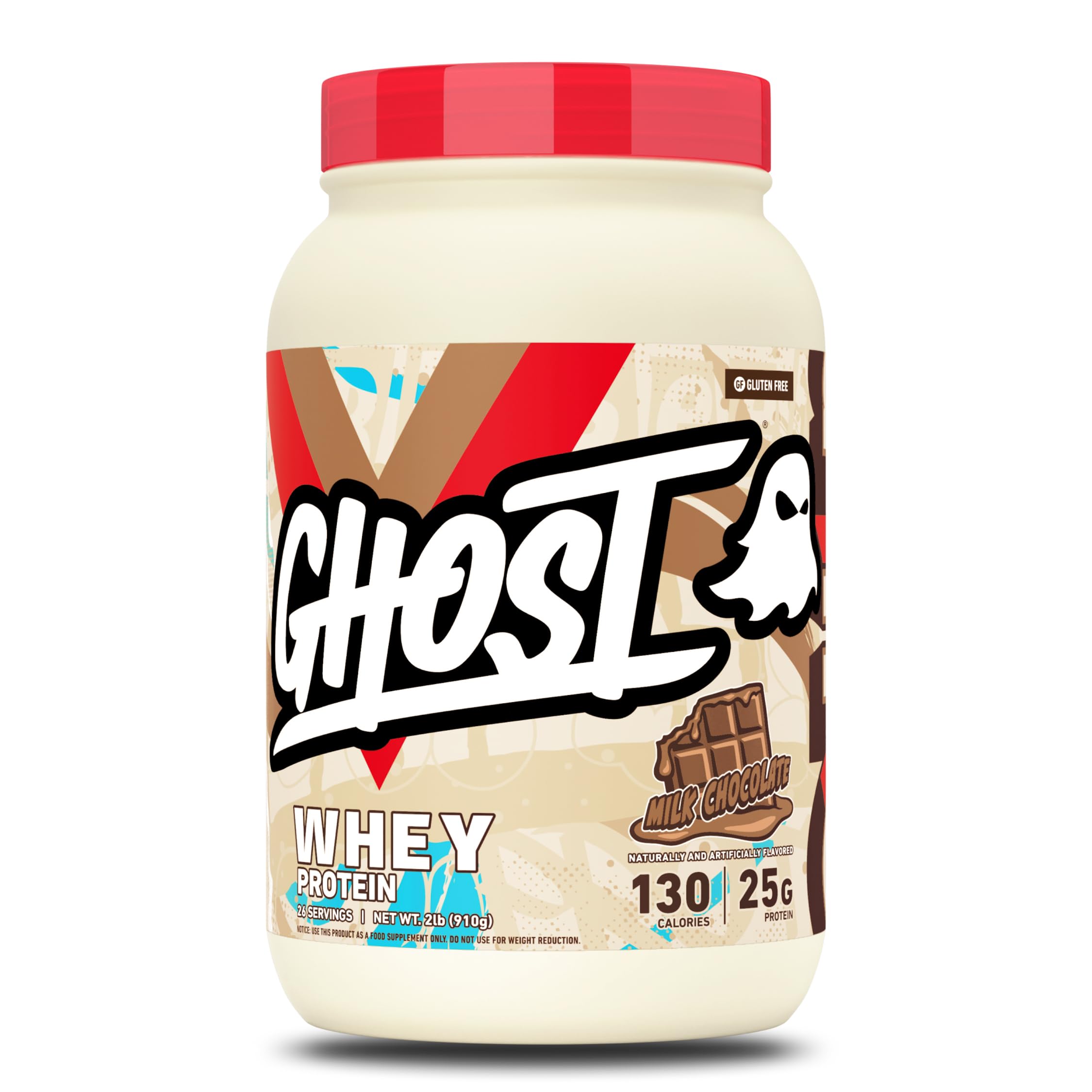 GHOST Whey Protein Powder, Milk Chocolate - 2LB, 25G of Protein - Whey Protein Blend - ­Post Workout Fitness & Nutrition Shakes, Smoothies, Baking & Cooking - Soy & Gluten-Free