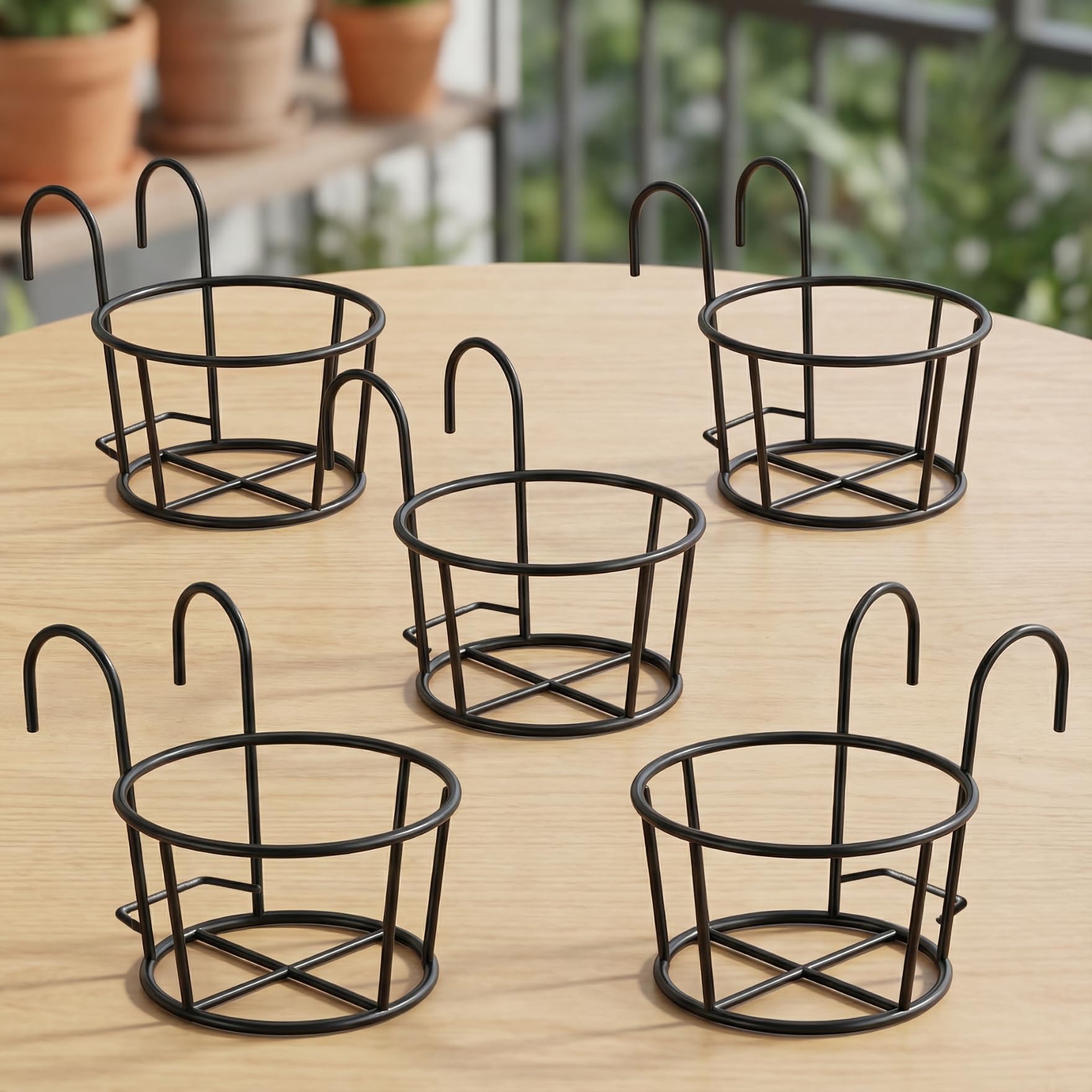 ecofynd 5 Pack Round Metal Hanging Flower Pot Stand for Railing planters, Gamla Stand Pot Holder for Balcony Decoration Items Outdoor, Plant Stands for Balcony, Flower Pot Stand Indoor (Black, PS028)