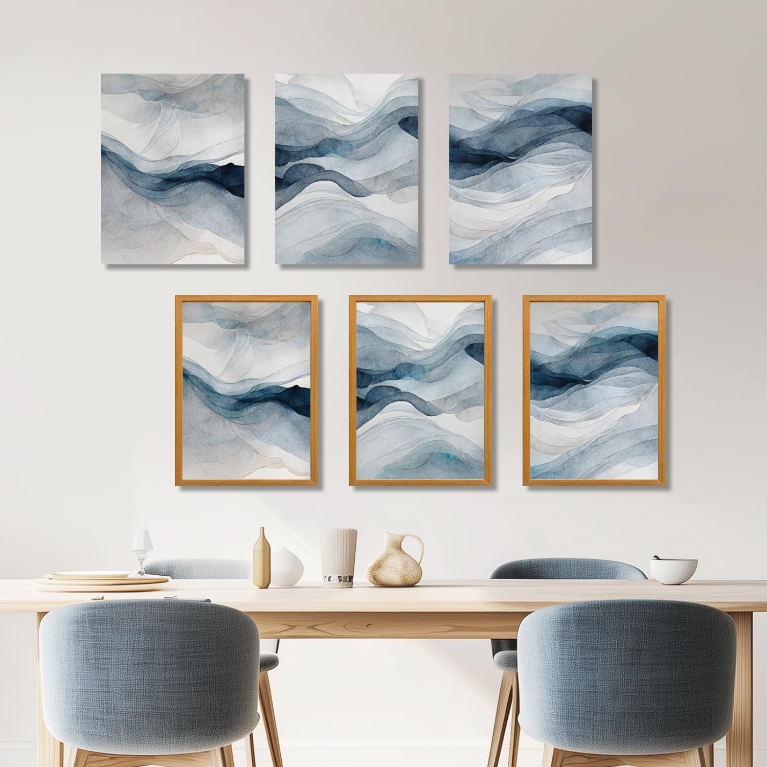 IAFWZX Wood Framed Blue Gray Abstract Wall Art, Modern Minimalist Waves Wall Decor, Neutral Watercolor Line Canvas Paintings, Navy Blue Watercolor Poster Prints for Living Room Office 12"x16"x3 - Image 6