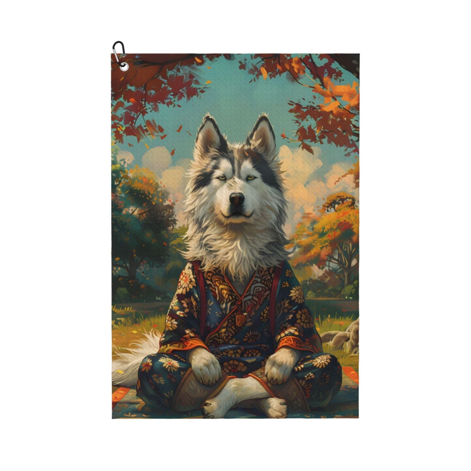 AOOEDM Maple Leaf Husky Print Golf Towel with Carabiner Clip Absorbent Microfiber Golf Towel for Cleaning Golf Ball Club Putter Iron for Golf Bag Trolly Belt Loop 16" X 24"